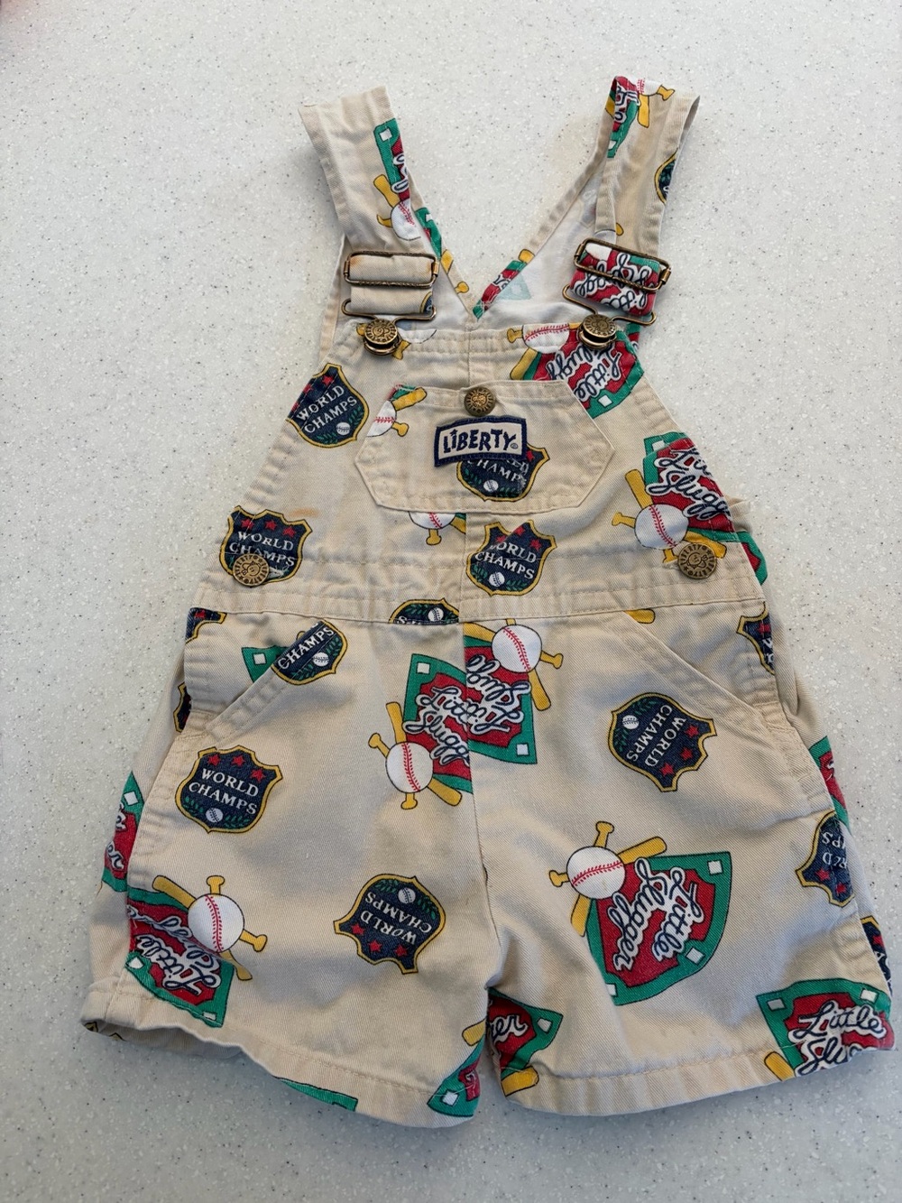 Vintage Liberty Toddler Boy Sz 4T Beige Baseball Short Overalls 80s? Made in USA